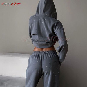 Drawstring Hooded <b>Jacket</b> Pants <b>Rhinestone</b> Tracksuit Set for Women Winter Regular Fit Lightweight Polyester/Cotton High Fashion - Product Image 6