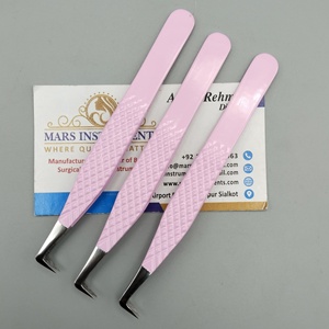 Pink <b>Powder</b> Coated Stainless Steel <b>Volume</b> Tweezers with Curved Silver Tips Boot Style for Eyelash Extensions - Product Image 2