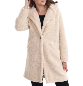 Women's Beige Pocket Lined Plush Boucle Sherpa Coat Women Long Wool Coats - Product Image 4
