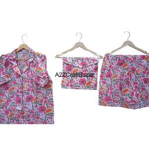 Block Printed Flower Pattern Women's Short PJ Set 100% Pure Cotton Soft Drawstring Closure Summer Nightwear - Product Image 4