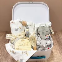 Ensemble cadeau d'anniversaire 9 pièces/set : Éléphant en peluche, coussin, brosse à cheveux, hochet de dentition, couverture en mousseline pour bébé, coffret de voyage