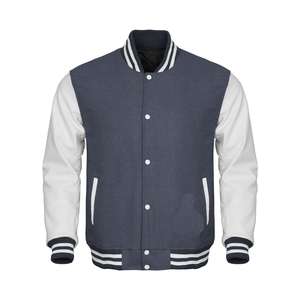 Veste universitaire élégante et unique gris-blanc imperméable en tissu d'hiver avec corps en laine, bras en cuir, col montant et devant style Letterman Baseball - Product Image 1