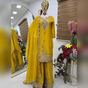 Luxury chinon sharara salwar kameez with heavy <b>thread</b> work top and sharara with dupatta pair for casual outing premium finish - Product Image 1
