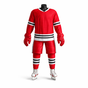 Uniforme de hockey sobre hielo personalizado rojo, blanco y negro, conjunto de camiseta y pantalones cortos sublimados, ropa de equipo para adultos, fabricante OEM ODM - Product Image 1