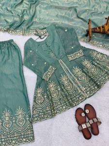 Designer Ethnic Wear Embroidery Sequence Work Fandy Silk <b>Top</b> With Plazzo Bottom And Dupatta Fully Stitched Ready To Wear Set - Product Image 5
