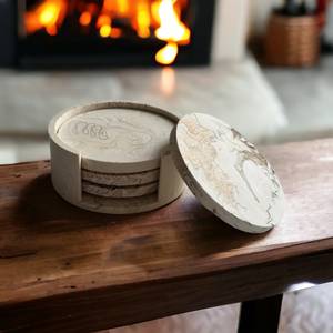 Ensemble de 4 sous-verres ronds Jesmonite avec support, aspect marbre, sous-verres pour café, thé, verres avec poignée - Product Image 3