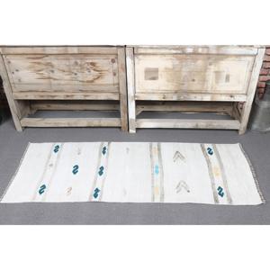 Alfombra Turca Pequeña de 1.7x4.6 pies, Alfombra Blanca y Azul de Estilo Suroeste, de Lana - Product Image 2