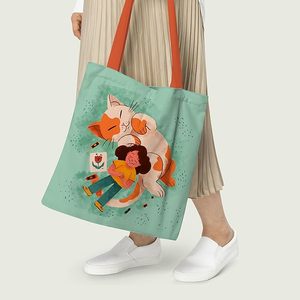Bolsa de Mano de Lona de Algodón Happy Kitty con Cierre de Cremallera, Diseño Moderno, Lavable a Máquina, Decoración con Cadena, para Todas las Temporadas - Product Image 5