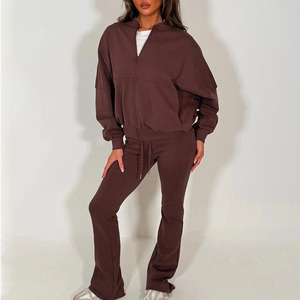 Ensemble de survêtement 2 pièces pour femme, dernier design, marron, fermeture éclair et pantalon pattes d'éléphant, respirant, 100% coton, ensemble de survêtement 2 pièces pour femme - Product Image 1