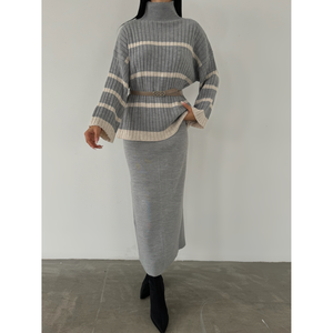 Conjunto de Dos Piezas Mybeefashion para Mujer: Suéter de Punto con Cuello Pescador y Falda - Atuendo Invernal Gris Acogedor, Talla Estándar - Product Image 6