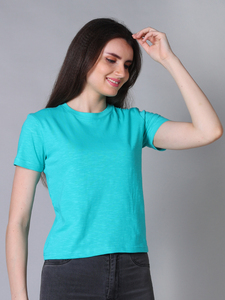 Camisetas personalizadas de algodón 100% para mujer, Camiseta básica de manga corta con cuello redondo verde marino, estampado ecológico disponible informal comprimido - Product Image 4