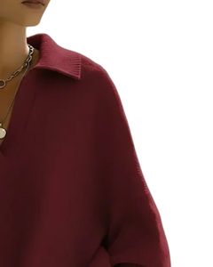 Customized Wine <b>Red</b> Womens Oversized Knit Sweater Polo V Neck Loose Fit Ribbed Hem Long Sleeve Winter Casual Pullover Top - Product Image 2
