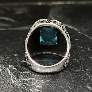 Anillo de Plata Hecho a Mano para Hombre con Piedra Preciosa de Aguamarina, Grabado Cuadrado, Estilo Floral, Chapado en Oro, Regalo Único para Él - Product Image 6