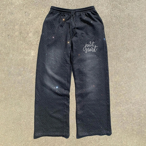 กางเกงวอร์มสีบานสำหรับออกกำลังกายกางเกงวอร์มขอบบานประดับพลอยเทียมยืดหยุ่นสีดำมีโลโก้พิมพ์ลายหน้าจอ - Product Image 2