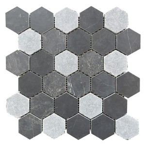 Carreaux de mosaïque hexagonaux de 2 pouces, blanc, gris et noir, marbre, style moderne, pour mur de salle de bain, résistants à l'eau, style contemporain intérieur - Product Image 4