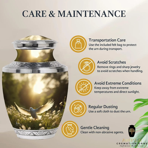 Urne funéraire en aluminium fabriquée à la main Finition enduite Meena Grande capacité de 220 cu Urnes funéraires gravées d'oiseaux dorés de qualité supérieure - Product Image 5