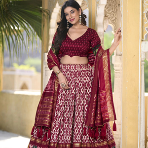 Lehenga Choli en soie Ikkat de qualité supérieure avec feuille de travail et Gotta Patti Dupatta pour les commandes de mariage ethnique et de festival - Product Image 1