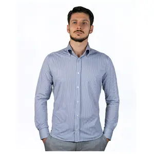 男士衬衫高品质4向拉伸白色和蓝色条纹遵循意大利制造的传统出口
