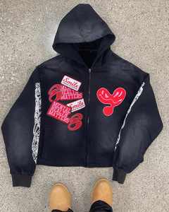 Sweat à capuche pour hommes surdimensionné en coton 3D brodé personnalisé vintage avec fermeture éclair et strass pour l'hiver - Product Image 6