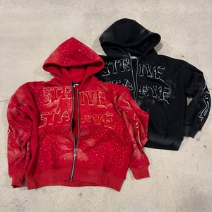 Sweats à capuche brodés en chenille personnalisés veste zippée en strass lavage à l'acide sweat à capuche vintage délavé en polaire pour hommes - Product Image 5