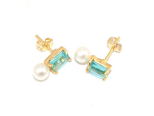 Pendientes de Botón de Diseño Único con Topacio Azul Suizo y Perla de Agua Dulce, Forma Rectangular, Chapados en Oro de 24k, Ligeros, de Latón, al por Mayor - Product Image 3