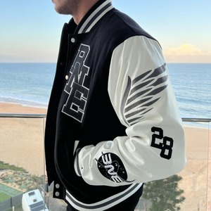 แจ็คเก็ตทีมตัวแทนเสื้อแจ็คเก็ตขนสัตว์แขนเสื้อหนังสำหรับทุกเพศดีไซน์ตามสั่งผลิตจากโรงงาน - Product Image 4