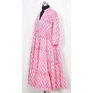 เดรสพิมพ์ลายดอกไม้ของผู้หญิง,เดรสผ้าคอตตอนสไตล์อินเดียแฮนด์เมดลายบล็อกมือสำหรับงานแต่งงาน - Product Image 2