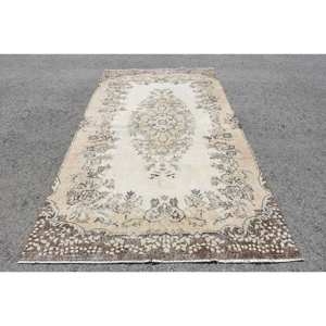 Alfombra turca de lana clásica Beige de 5,2x9,5 pies, diseño de retazos para entrada, sala de estar, dormitorio, forma Rectangular, respaldo de látex - Product Image 1