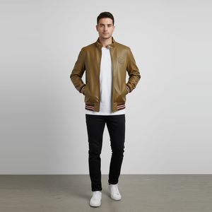 Veste en cuir haut de gamme pour homme, col montant en toile, fermeture éclair intégrale, doublure intérieure douce, poignets et ourlet côtelés élégants - Product Image 3