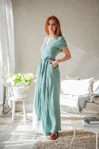 เดรสแม็กซี่ผ้าลินินสีเทอร์ควอยส์สีฟ้าครามสไตล์คลาสสิกสำหรับฤดูร้อนเดรสขนาดพิเศษพร้อมริบบิ้นผ้าลินินสำหรับตกแต่ง - Product Image 3