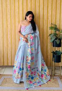 Verano ESPECIAL PURO erosionado suave Lino algodón Sari Formal seda boda sari con impresiones digitales únicas - Product Image 6