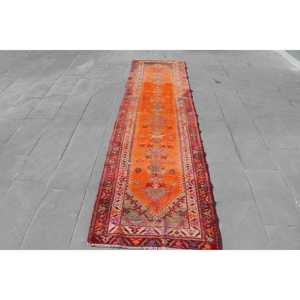2.7x10.8 ft <b>Runner</b> Vintage Turkish Rug, <b>Red</b> Floral Wool Rug - Product Image 1