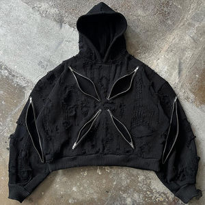 Sudadera Vintage de Estilo Urbano, Sudadera Corta de Algodón con 4 Cremalleras, Lavado Ácido, Felpa Francesa, Sudadera Holgada para Hombre - Product Image 2