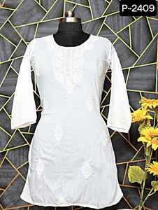 Les femmes lourdes portent des Kurti de travail de broderie Lakhnavi Chickenkari pour des vêtements décontractés et des collections courtes de Kurtis de vêtements de festival pour des femmes - Product Image 5