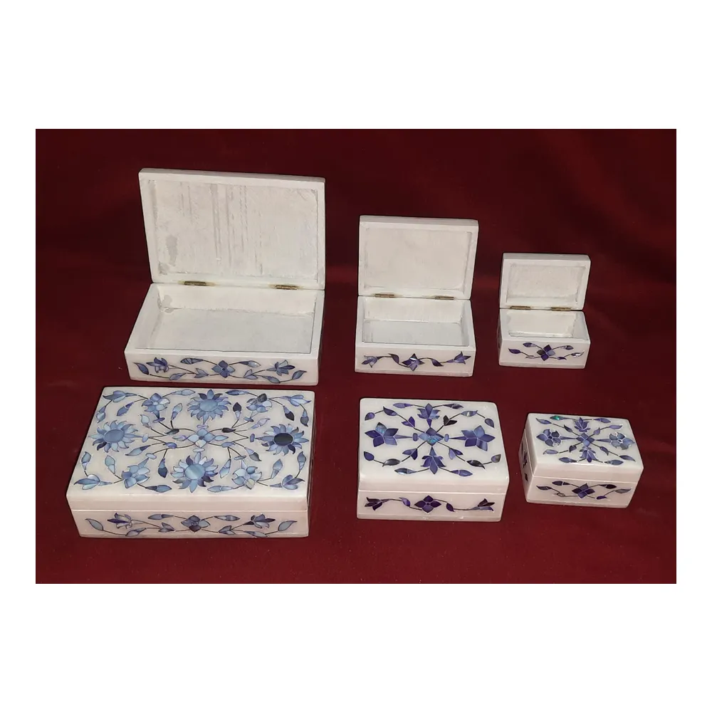 Premium Quality White Marble With Blue Color Mother Of Pearl Flower Design Inlay Jewelry Gift Boxes For Home Decorations