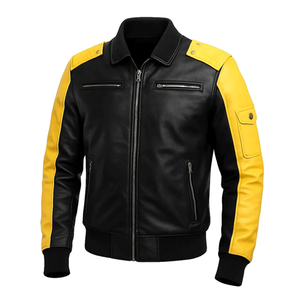 Black & Yellow Genuine Leather Motorcycle <b>Bikers</b> <b>Jacket</b> Shoulders Armoured CE Protected Track Leather Motorbike <b>Jacket</b> For <b>Men</b> - Product Image 1