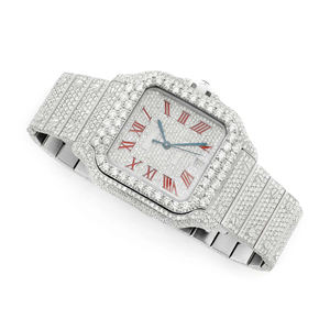 Montre de luxe Hip Hop carrée en acier inoxydable avec cadran en verre 41 mm, chiffres romains, entièrement sertie de diamants - Product Image 3