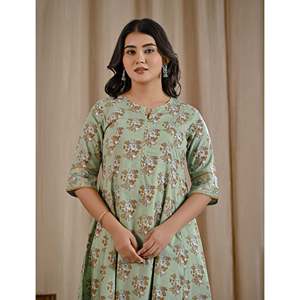 Conjunto de Kurta y Pantalón de Algodón Estampado con Patrón Floral Pastel, Ropa Casual Transpirable para el Día a Día, Opciones de Largo hasta el Suelo y hasta la Rodilla, Talla 6XL - Product Image 1