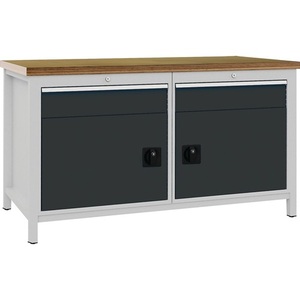 Armoire à outils en hêtre multiplex, plan de travail 1500x859x750mm, gris anthracite et gris clair, 40mm, 2 tiroirs et 2 portes BEDRUNKA+HIRTH - Product Image 1
