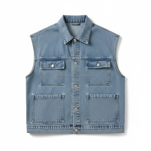 Chaleco vaquero utilitario personalizado OEM para hombre, chaleco vaquero sin mangas con múltiples bolsillos, chaleco informal ajustado azul vintage lavado con 4 bolsillos - Product Image 1