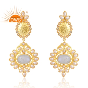 Hot Selling 925 Sterling Silver 18K Gold Plated Pearl & <b>Rainbow</b> Moon Gemstone Dangle Earring Demi Fine Jewelry Manufacturer - Product Image 1
