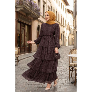 Vestido de Gasa Marrón con Estampado de Puntos, Cinturón en Capas, Cintura Imperio, Silueta en A Modesta - Product Image 1
