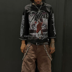 Camiseta Negra de Algodón 100% Personalizada de Fábrica, 300 g/m², Estilo Vintage Lavado, Manga Larga, Talla Grande, con Pedrería, para Hombre - Product Image 3