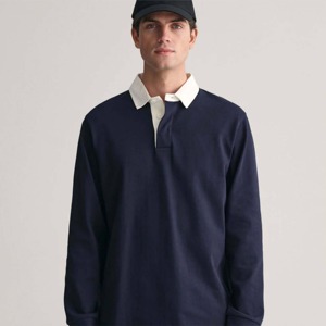 Polo en tricot à manches longues pour homme, bleu marine, avec col blanc, style décontracté, en coton, coupe classique, anti-rétrécissement - Product Image 2