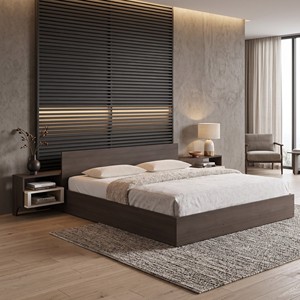 Cadre de lit plateforme moderne 2222 à profil bas avec tête de lit allongée et 2 étagères intégrées pour table de chevet, mobilier de chambre principale - Product Image 1