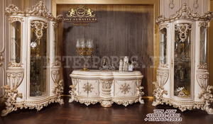 Meuble TV en bois sculpté de style américain avec vitrine, meuble TV de style italien assorti à la vitrine, finition dorée, meubles TV sculptés à la main, États-Unis - Product Image 2