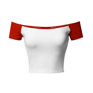 Tops de entrenamiento cortos de manga corta para mujer de Color rojo afilado para mujer, Top informal de algodón transpirable y confiable con cuello ancho - Product Image 1