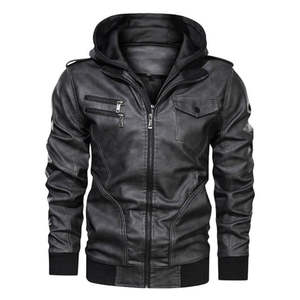 Veste à capuche en cuir motard noir personnalisable pour hommes coupe-vent avec tissu en toile et logo personnalisé - Product Image 3