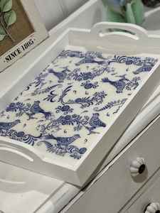 Square <b>White</b> <b>Wood</b> Serving <b>Tray</b> Floral Hydrangea Print MDF Platter Handles For Coffee Table Kitchen Home Food Drink Organizer - Product Image 6