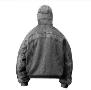 Wholesale Drop-Shoulder Acid Washed Retro Hoodie for <b>Men</b> - Full-Face Hood, <b>Half</b>-<b>Zip</b> - Product Image 4